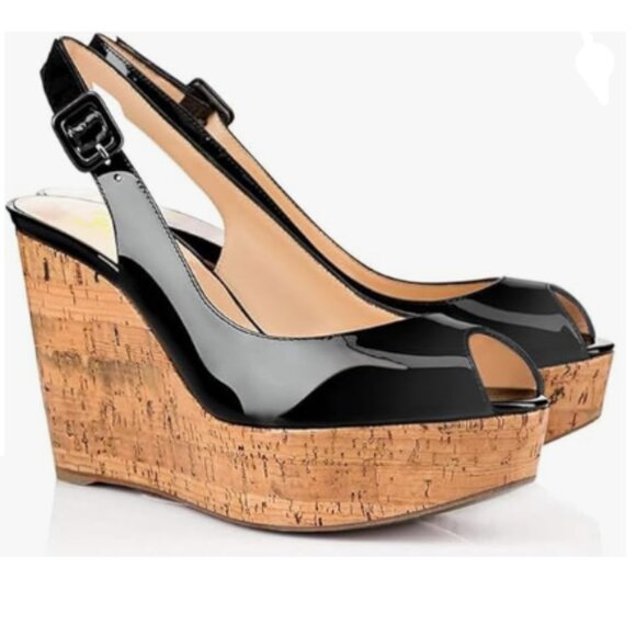 FOWT Black Platform Wedges Comfort Peep Open Toe Slingback Sandals Dress Shoes - Picture 1 of 8